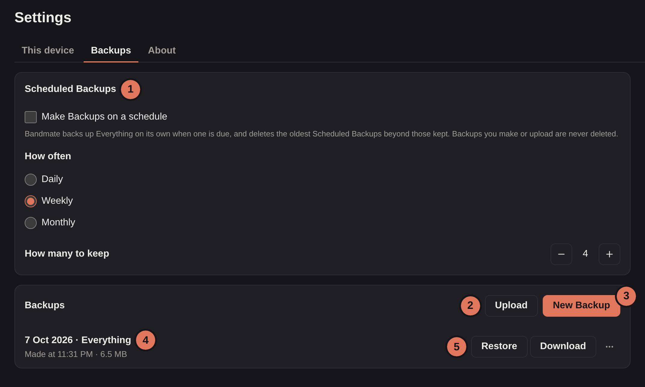 Settings' Backups, numbered 1 to 5 to match the list below it