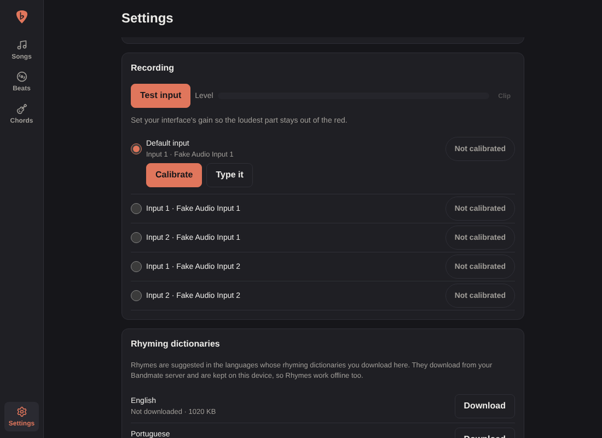 Calibrating an input hands-free in Settings → Recording: the metronome swings as each click is heard, then the result is saved