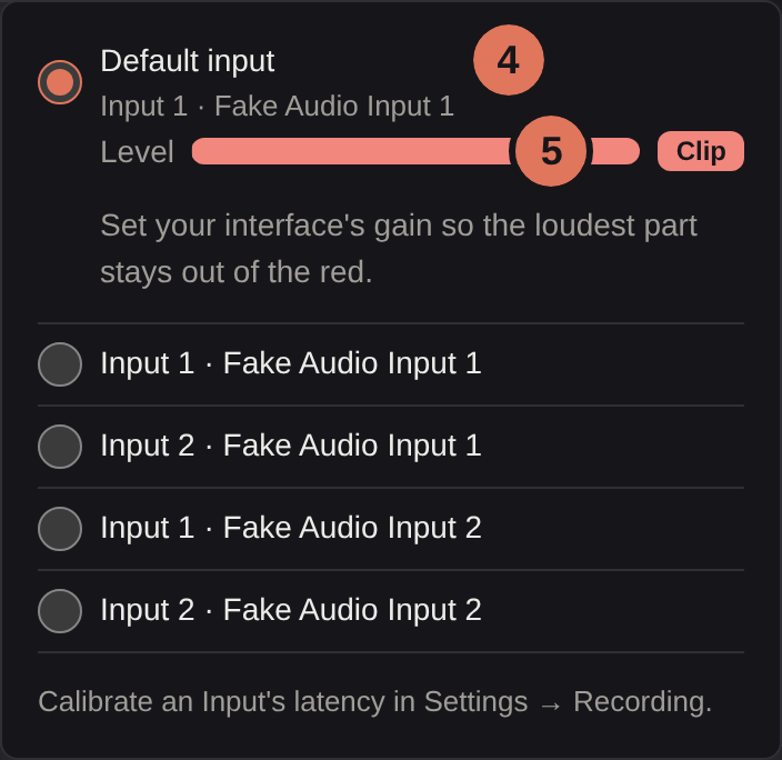 The inputs to record from, numbered 4 and 5 to match the list below it