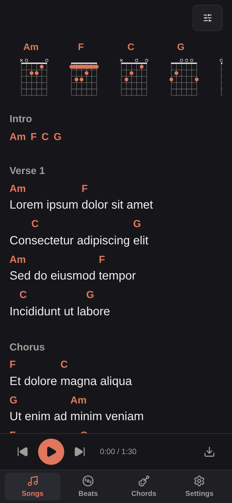 A song in Read mode on a phone, with the chord shapes at the top