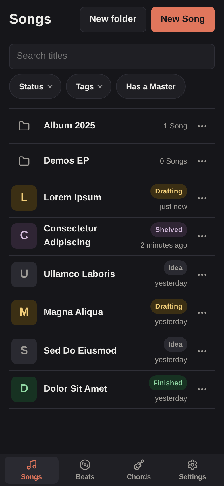 The Songs page on a phone, listing every song with its status