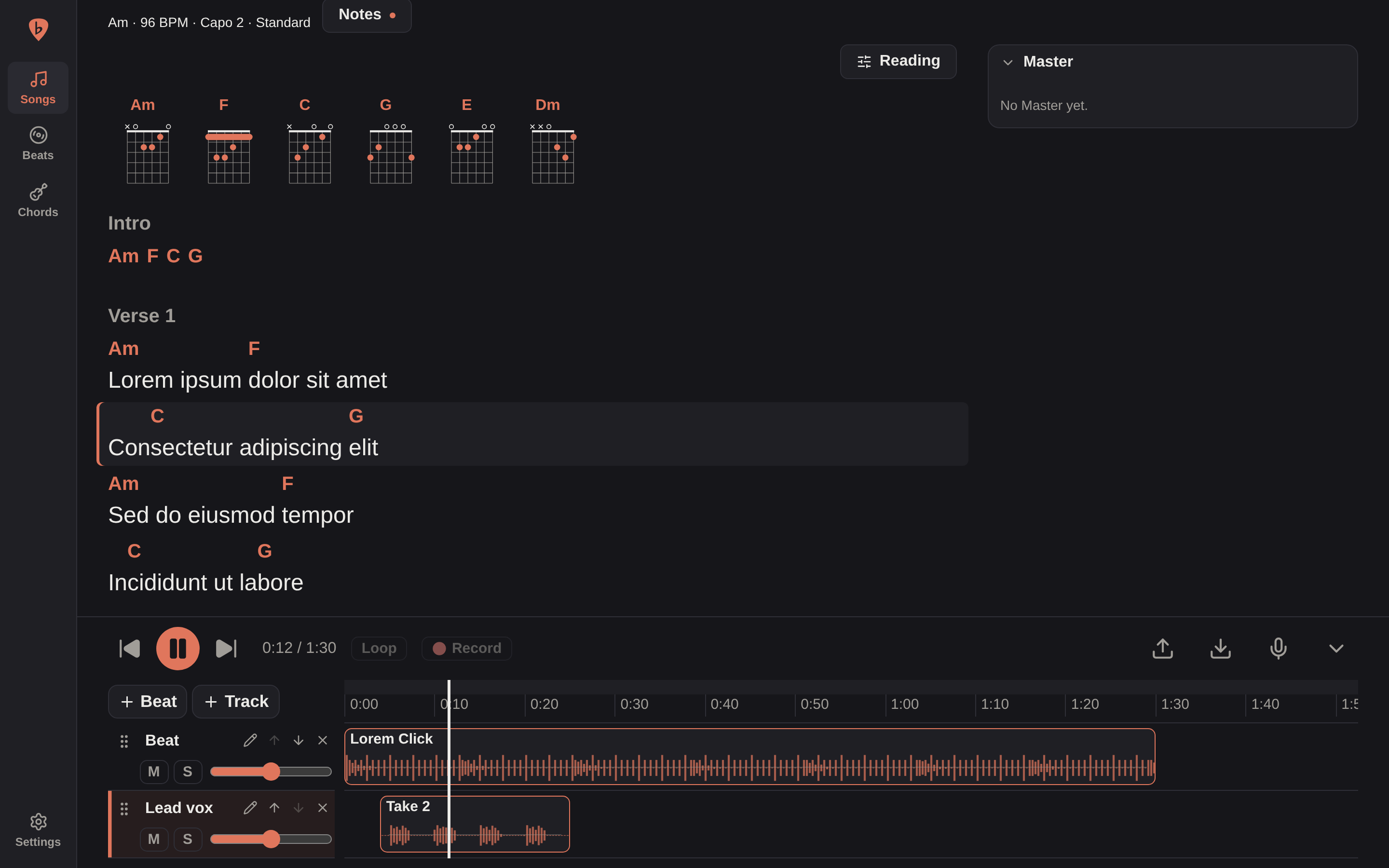 A Song in Read mode, with the Line playing highlighted