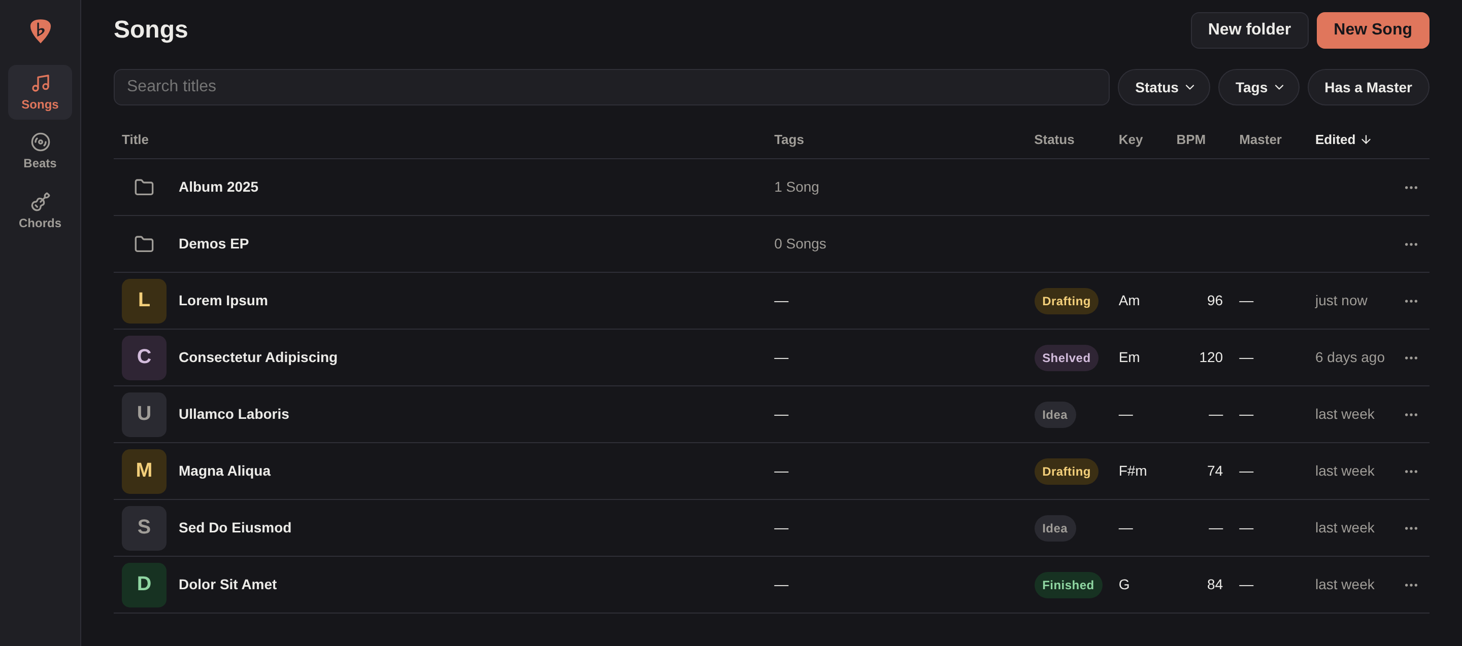 The Songs page: two folders, then the songs in neither, each with its status, key and tempo