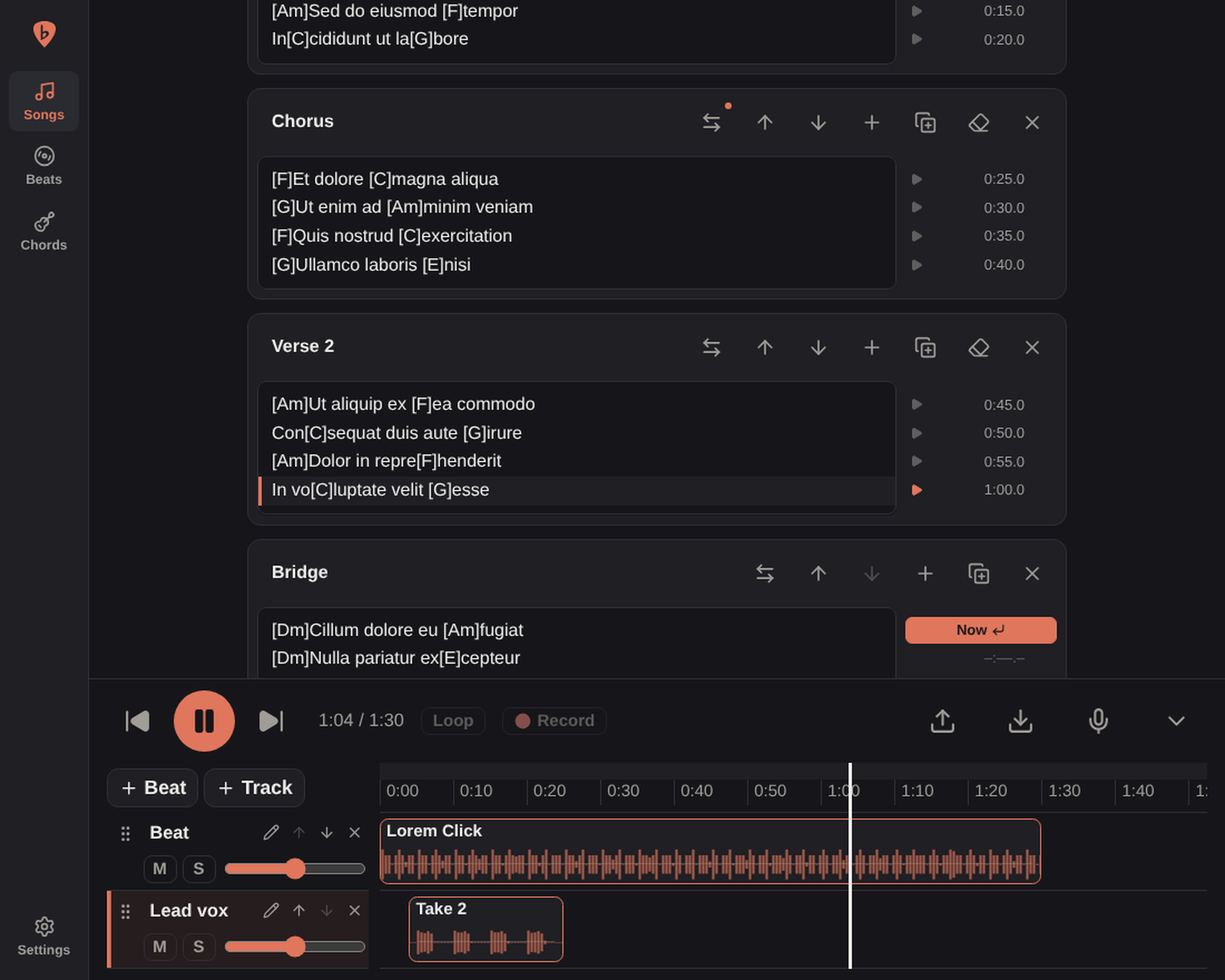 Sync mode cueing a Section's Lines as the Timeline plays