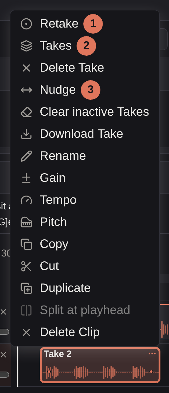 A take's menu on the Timeline, numbered 1 to 3 to match the list below it