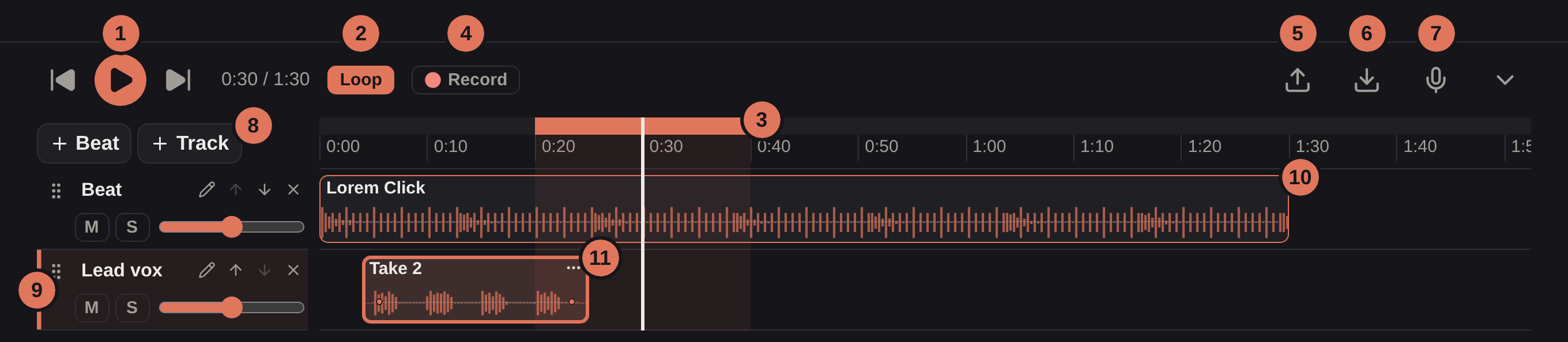 A song's Timeline, numbered 1 to 11 to match the list below it