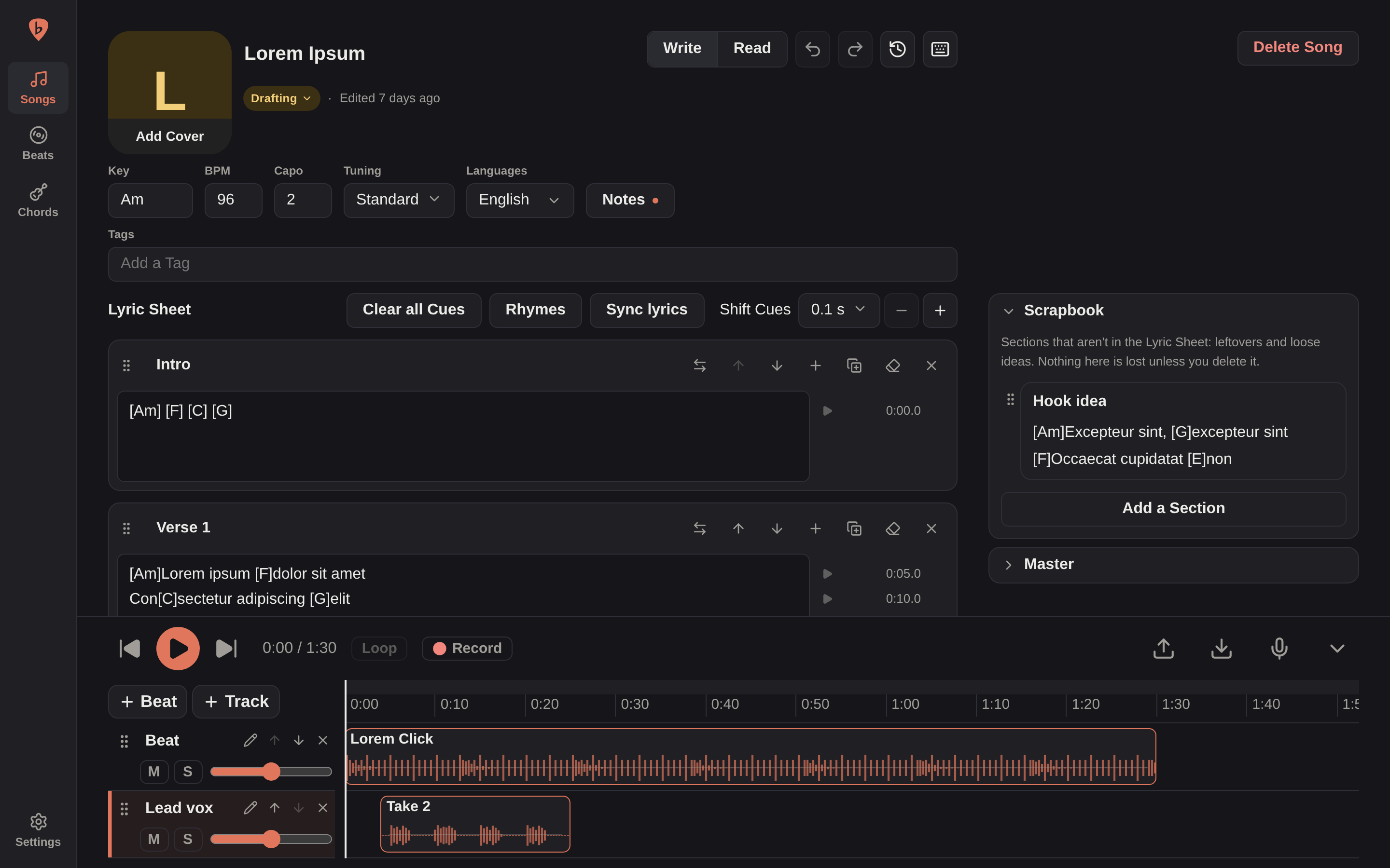 A Song in Write mode: its Details, the Lyric Sheet with Chords and Cues, the Scrapbook, and the Timeline with a Beat and a Take